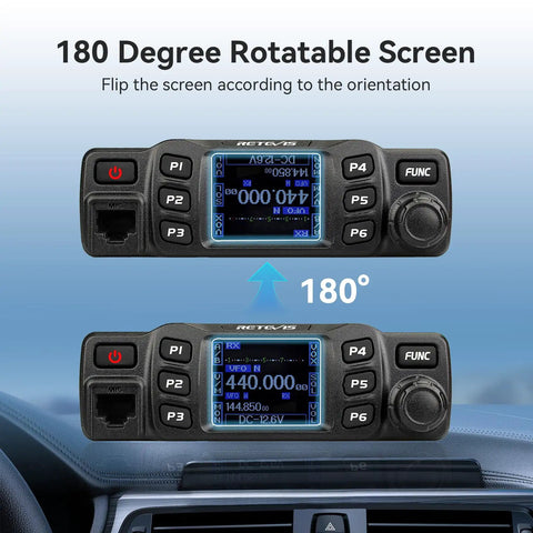 Dual Band Mobile Ham Radio With Rotatable LCD Display Long Range 2m 70cm Transceiver For RVs, shown with 180 degree screen rotation