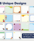 18 unique designs of 18 Pack Dog Themed Sticky Notes With Lines, 35 Sheets Each, 630 Total Sheets