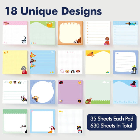 18 unique designs of 18 Pack Dog Themed Sticky Notes With Lines, 35 Sheets Each, 630 Total Sheets