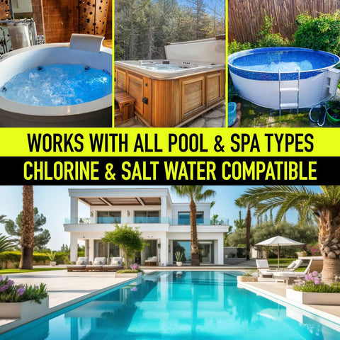 Slick UV Dye Kit For Finding Pool Leaks In Inground And Above Ground Pools Spa Or Hot Tub shown with various pool types.