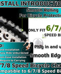 Install guide for Durable 6/7/8 Speed Bicycle Chain 1/2 Inch By 3/32 Inch, 116 Links with smooth edges and easy pin-style install.