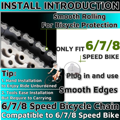 Install guide for Durable 6/7/8 Speed Bicycle Chain 1/2 Inch By 3/32 Inch, 116 Links with smooth edges and easy pin-style install.