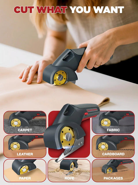 Cordless 4V Cutting Tool For Cardboard Fabric Leather And Carpet With 2000mAh Battery And Two Titanium Blades in use