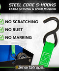 Steel core S-hooks of Cambuckle Tie Down Straps 6 Ft, 2 Pack, Standard Duty Ratchet Straps showing no scratching, rust, or marring features.