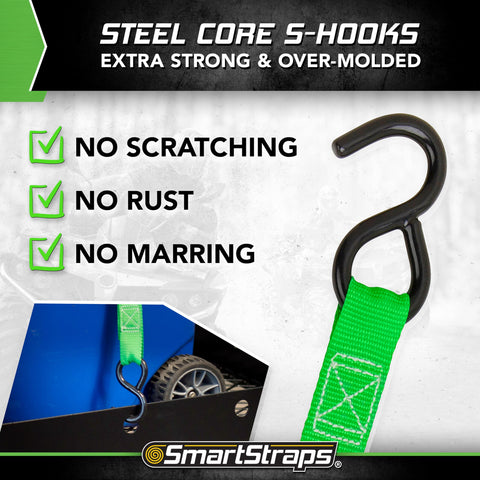 Steel core S-hooks of Cambuckle Tie Down Straps 6 Ft, 2 Pack, Standard Duty Ratchet Straps showing no scratching, rust, or marring features.