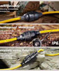 Heavy Duty Outdoor Extension Cord 200 Feet 12 Gauge 3 Prong Grounded Power Cable, Bright Yellow, shown in rugged outdoor settings