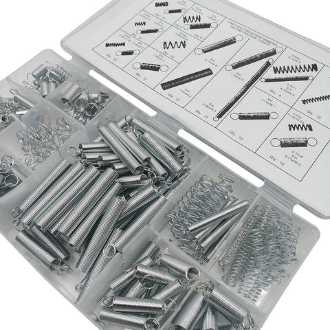 200-piece zinc-plated steel spring assortment kit with 20 sizes in a clear plastic storage case