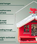 Country House Squirrel Proof Bird Feeder With Weathervane 8 Lb Seed Capacity All Metal Durable Construction Easy Fill Outdoor Feeder Rustic Red Backyard Decor For Birds hanging front view with features labeled.
