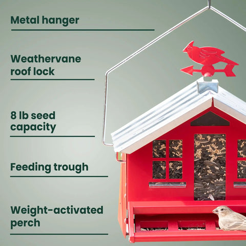 Country House Squirrel Proof Bird Feeder With Weathervane 8 Lb Seed Capacity All Metal Durable Construction Easy Fill Outdoor Feeder Rustic Red Backyard Decor For Birds hanging front view with features labeled.