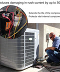Technician installing 4-5 Ton HVAC Hard Start Capacitor Kit for Air Conditioners with Pre-Wired Install, Quick Boost, Smart Switch