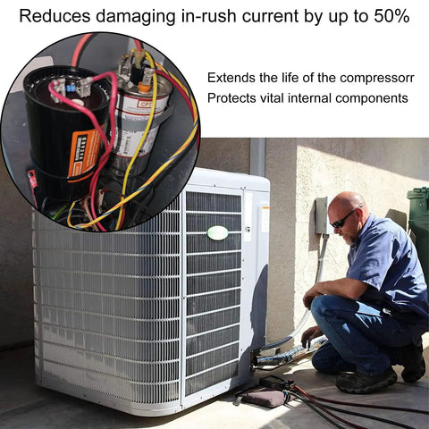 Technician installing 4-5 Ton HVAC Hard Start Capacitor Kit for Air Conditioners with Pre-Wired Install, Quick Boost, Smart Switch