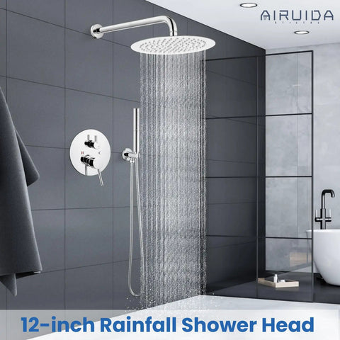 High Pressure 12 Inch Rainfall Shower Head Set With Boss-Grade Brass Rough-In Valve, wall mounted in modern bathroom