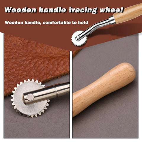 Wooden handle tracing wheel set with stainless steel rotary perforator and overstitch wheel for precise pattern marking.