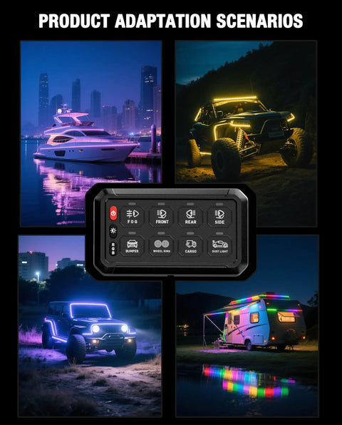 Eight Gang RGB Switch Panel With Waterproof Relay Box Adjustable Brightness Acc Wired LED Pod And Touch Toggle for vehicle control