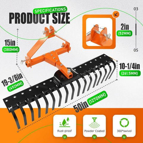 3 Point Rock Rake For Category 0 Tractors With 360 Degree Rotation Replaceable Spring Tines And Pin Hitch Tow Behind Dethatcher