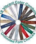Color wheel showcasing 18 vibrant combos for Laser Engraved Personalized Office Name Plate With Wall And Desk Holder 2x8 Inches Customizable Name Tag