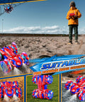 Double Sided Remote Control Car With 360 Degree Rotating Stunt Action racing on sand with child playing in background.