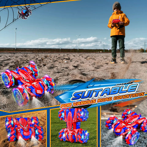 Double Sided Remote Control Car With 360 Degree Rotating Stunt Action racing on sand with child playing in background.