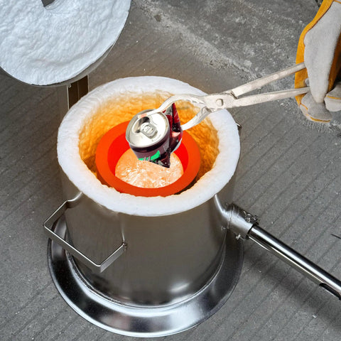 6Kg Hinged Flip Top Propane Melting Furnace For Aluminum Copper Silver Gold Alloys High Temp Foundry Kiln Reaches 2500F Durable Stainless Steel Body Easy To Use For Beginners And Pros, showing open lid with metal melting inside.