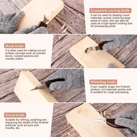 Beginner Friendly Wood Carving Kit Dope 10 Piece Set with carving knives demonstrating different wood shaping techniques