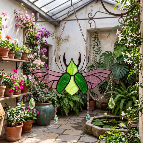 Stag Beetle Stained Glass Kit For Beginners With Pre Cut Pieces suncatcher in garden setting