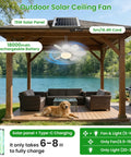 Solar Powered Ceiling Fan With Light For Outdoors, 17.5 Inch Portable Camping Fan under gazebo, Type C Charging