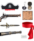 Swashbuckling Pirate Costume Kit With Telescope, Compass, Eye Patch, Plastic Pistol, Plastic Sword, Hat, Belt, And Treasure Map For Halloween Cosplay, Parties, And Dress Up Adventures, set flat lay