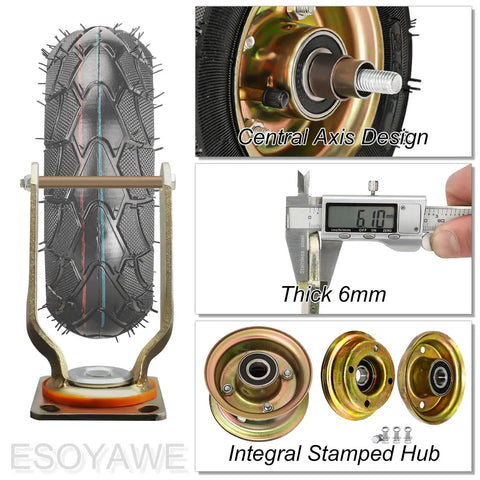 Heavy Duty Swivel Caster Set Of Four, 10 Inch Pneumatic Rubber Wheels With Hassle Free Parking Brake, showcasing rubber tire with central axis design.