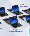 No Sweat Plug And Play Eight Port Kvm Switch With Seventeen Inch Lcd Rack Console showcasing multiple KVM units with different sizes and ports.