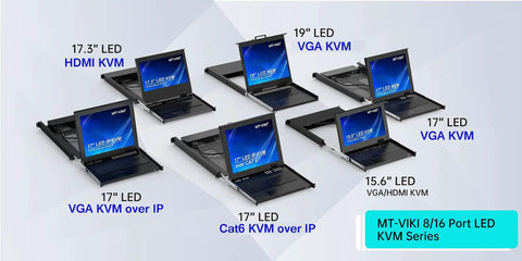 Image showing 6 different rack mount KVM consoles, including Slick 16 Port Rack Mount Kvm Switch With Usb Vga Hdmi Support Over Cat6 Rj45 Cables For Long Distance Server Management No Sweat Setup And Dead Simple Operation For Any Tech Crew.