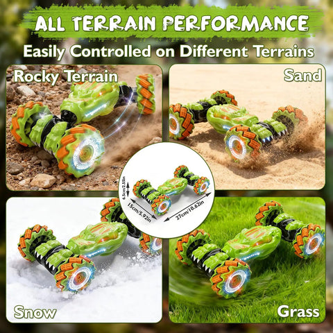 Gesture Sensing RC Stunt Car With Remote And Hand Control on rocky, sand, snow, and grassy terrains, showcasing 360 degree spin