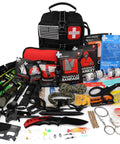 190 Piece Survival Gear And Medical Kit for Outdoor Adventures, showing tools like shovel, axe, knife, in MOLLE pouch