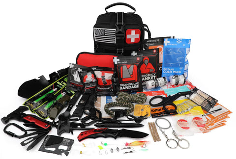 190 Piece Survival Gear And Medical Kit for Outdoor Adventures, showing tools like shovel, axe, knife, in MOLLE pouch