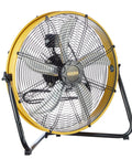Heavy Duty 20 Inch Shroud Fan With Industrial Grade Motor Delivers 6300 CFM High Velocity Air Circulation For Workshop Garage Warehouse And Industrial Spaces IP44 Enclosed UL Listed For Safety, yellow and black fan, front view.