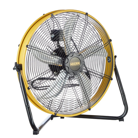 Heavy Duty 20 Inch Shroud Fan With Industrial Grade Motor Delivers 6300 CFM High Velocity Air Circulation For Workshop Garage Warehouse And Industrial Spaces IP44 Enclosed UL Listed For Safety, yellow and black fan, front view.