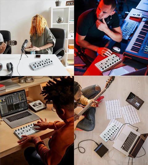 Wireless MIDI Controller Mixer With 43 Backlit Buttons And USB MIDI Keyboard in various studio setups and live music settings.
