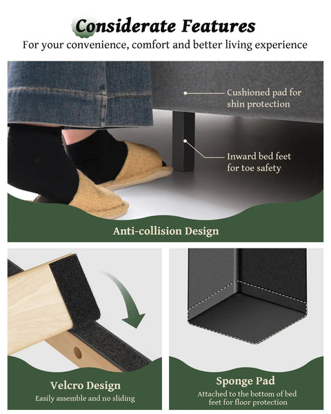 Top Shelf King Size Platform Bed Frame With 56 Inch Velvet Wingback Headboard In Deep Gray Rock Solid Steel Base Holds 1000 Lbs Smooth As Butter For Zero Creak Sleep showing cushioned pads for shin protection.