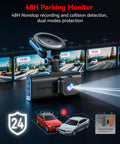 4K Front And Rear Dash Cam With Crystal Clear Starvis 2 Sensor 170 Degree Front And 140 Degree Rear 5GHz WiFi 128GB Card Included Voice Control 3.18 Inch Touch Screen GPS Loop Recording Parking Mode Easy Setup showing 48H parking monitor feature with dual mode protection.