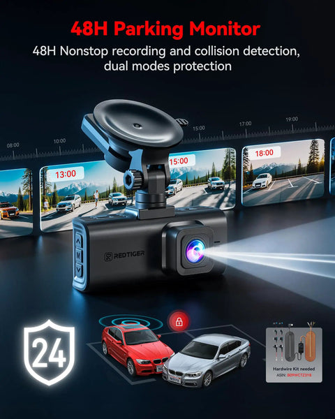 4K Front And Rear Dash Cam With Crystal Clear Starvis 2 Sensor 170 Degree Front And 140 Degree Rear 5GHz WiFi 128GB Card Included Voice Control 3.18 Inch Touch Screen GPS Loop Recording Parking Mode Easy Setup showing 48H parking monitor feature with dual mode protection.
