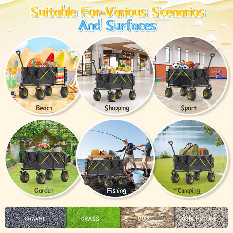 Heavy-Duty Beach Wagon With Big All-Terrain Wheels For Sand, 400 Lb Load, Foldable Cart in various outdoor scenarios