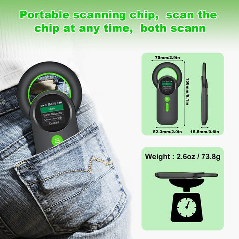 Pet Microchip Scanner in pocket, dimensions 52.3mm x 165mm x 15.5mm, weighing 2.6oz, featuring a 1.44-inch TFT screen, 3 in 1 connections.
