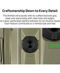 Close-up of Arkfeld Ultra 1400 Lumen EDC Flashlight With USB Rechargeable Battery Pocket Size Flat Bezel Olive Green texture and button