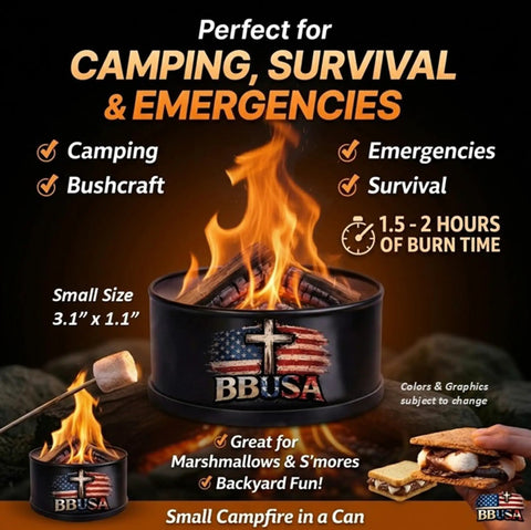 Campfire In A Can Portable Mini Fire Pit For Marshmallows And Smores Made In USA Trail Ready For Hiking Backpacking Camping And Emergencies Compact One Pack With A 1.5 To 2 Hour Burn Time Lightweight Four Ounces shown burning with marshmallow stick