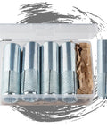 Drop-In Anchors Set, 50 Pc, 1/2 Inch By 13 Zinc-Plated For Concrete in plastic box, side view with open lid
