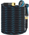 Non Expanding Garden Hose 150 Ft With Ten Pattern Spray Nozzle, Kink Free Flexible Water Hose, coiled with spray nozzle and brass connectors
