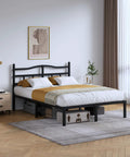 Queen Size Metal Platform Bed Frame In Black With Secure Headboard Heavy Duty Steel Slats Silent Night Support No Box Spring Required Total Breeze To Set Up For Quality Sleep in modern bedroom decor.