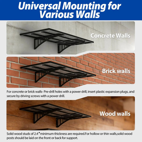 Workhorse Garage Wall Shelves Set 2 Pack 2x3 Foot Wall Mounted Storage Shelves With Hooks 500 Pounds Capacity Total Rust Resistant Steel Shelving for Concrete, Brick, Wood Walls.