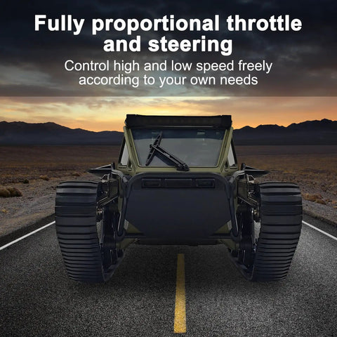 All Terrain 1 To 16 Scale Remote Control Tank Crawler with 4WD on road, emphasizing throttle and steering control.