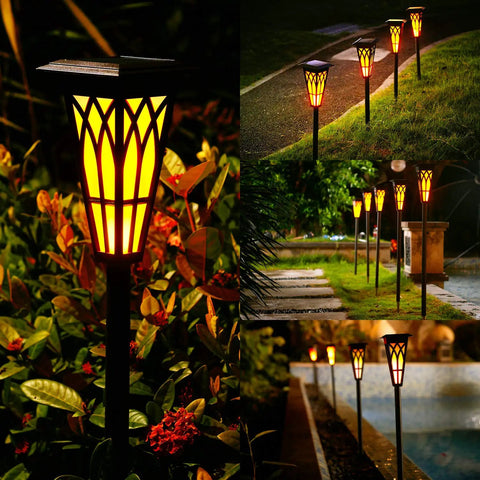 Outdoor Solar Torch Lights Dope Flickering Flames With Two Modes And Auto On Off IP65 Waterproof Tiki Torches glowing in garden
