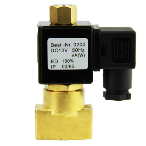Brass 12V DC Electric Solenoid Valve With NPT Threads Normally Open NBR Seal, side view showing brass construction and label